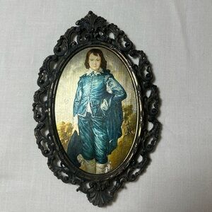 MCM Silk Painting Thomas Gainsborough's "The Blue Boy" Oval Brass Frame Italy
